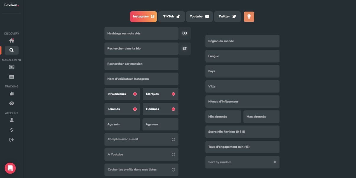 Cette image illustre l'ensemble des critères permettant de rechercher les influenceurs cibles sur Favikon.