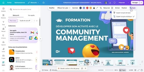 Canva 2026 : menu pour copier le style d'une illustration ou transférer le style d'une photo