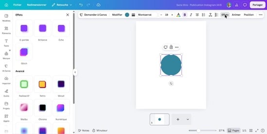 Canva 2026 : panneau d'effets visuels sur les formes (ombre, gradient, contours dynamiques)