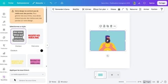 Canva 2026 : panneau pour générer des sous-titres automatiquement depuis un audio